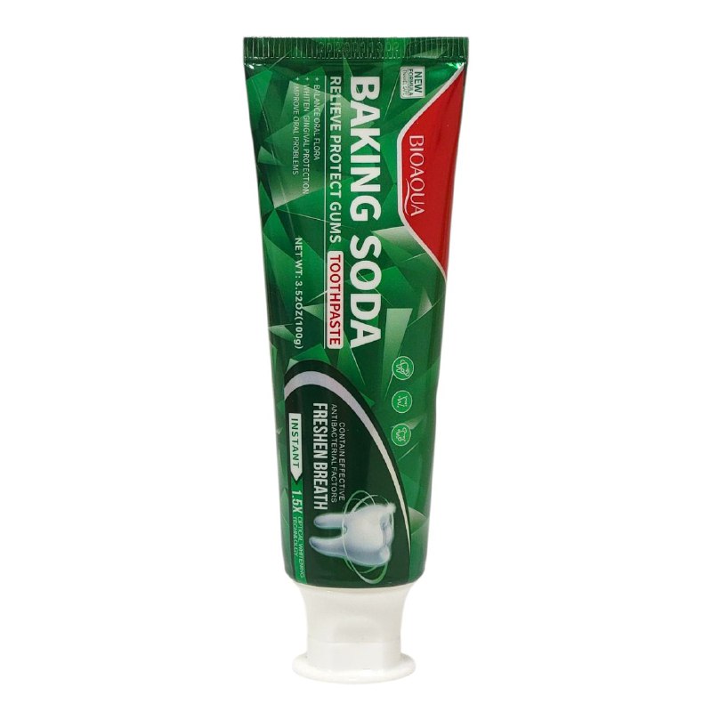 PASTA DE DIENTES, CON BICARBONATO DE SODIO, ALIVIA Y PROTEGE LAS ENVIAS, CREMA SUAVE Y DELICADA, LIMPIA LAS MANCHAS Y EL SARRO Y BLANQUEA LOS DIENTES BIOAQUA 100G