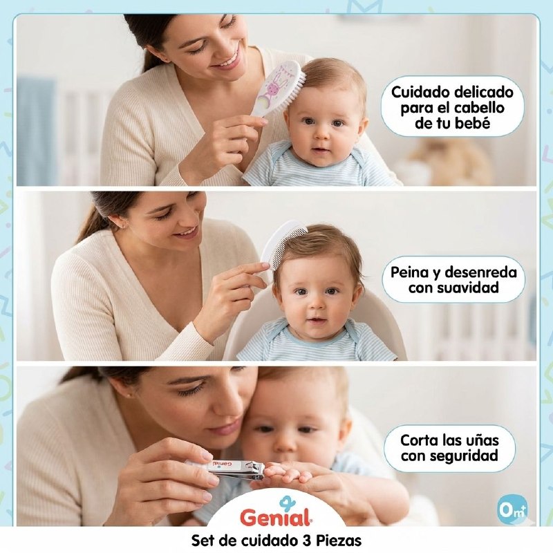 SET DE ASEO PERSONAL PARA BEBES DE 3 PIEZAS GENIAL, CEPILLO PEINE Y CORTAUÑAS