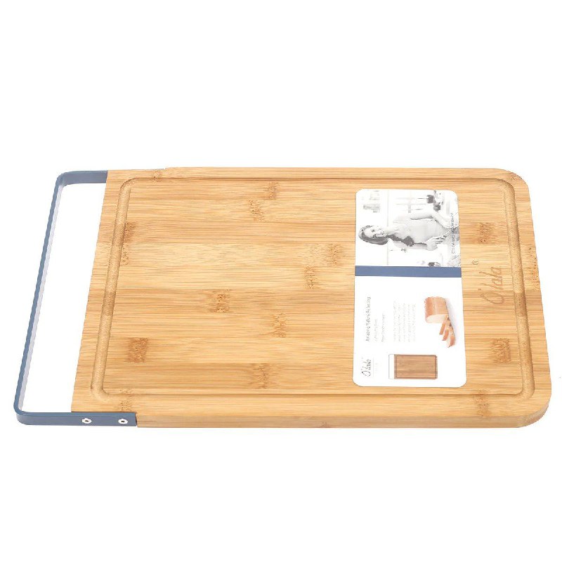 TABLAS DE PICAR DE MADERA DE BAMBU CON MANGO METALICO 32X23X2CM
