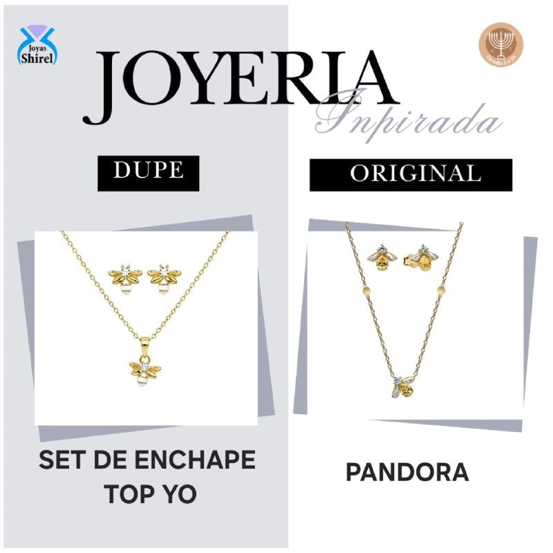 SET DE ENCHAPE PARA DAMA CADENA, DIJE Y TOPOS MOTIVO ABEJA REINA CON CIRCÓN Y ESMALTE BLANCO