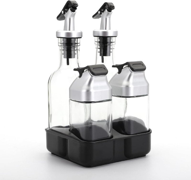 ORGANIZADOR DE ESPECIAS Y ACEITE U VINAGRE DE VIDRIO CON BOQUILLA ANTIPOLVO, CON UNA BANDEJA PRACTICA PARA COCINA SALAD DRESSING