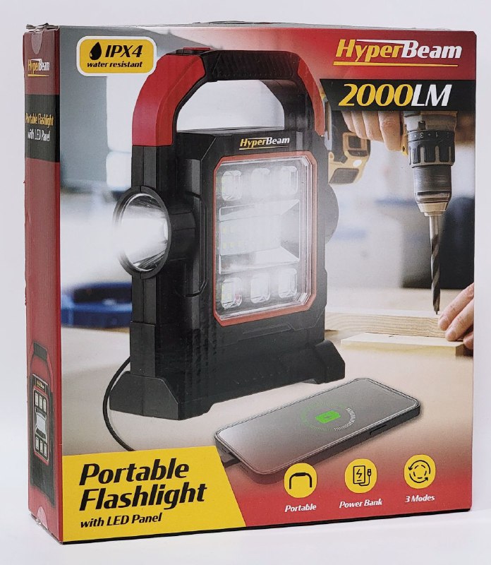 LUZ LED LINTERNA PORTATIL CON PANEL LED 2000LM, ILUMINACION MULTIANGULO, 3 MODOS DE LUZ, RESISTENCIA AL AGUA IPX4, RECARGABLE HYPERBEAM
