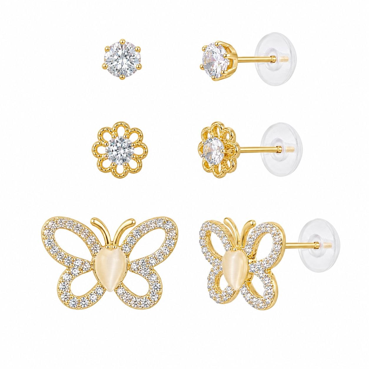 SET DE ARETES ENCHAPE PARA DAMA TRIPLE PAR CON MOTIVO MARIPOSA EN PAVÉ Y CORAZÓN NÁCAR