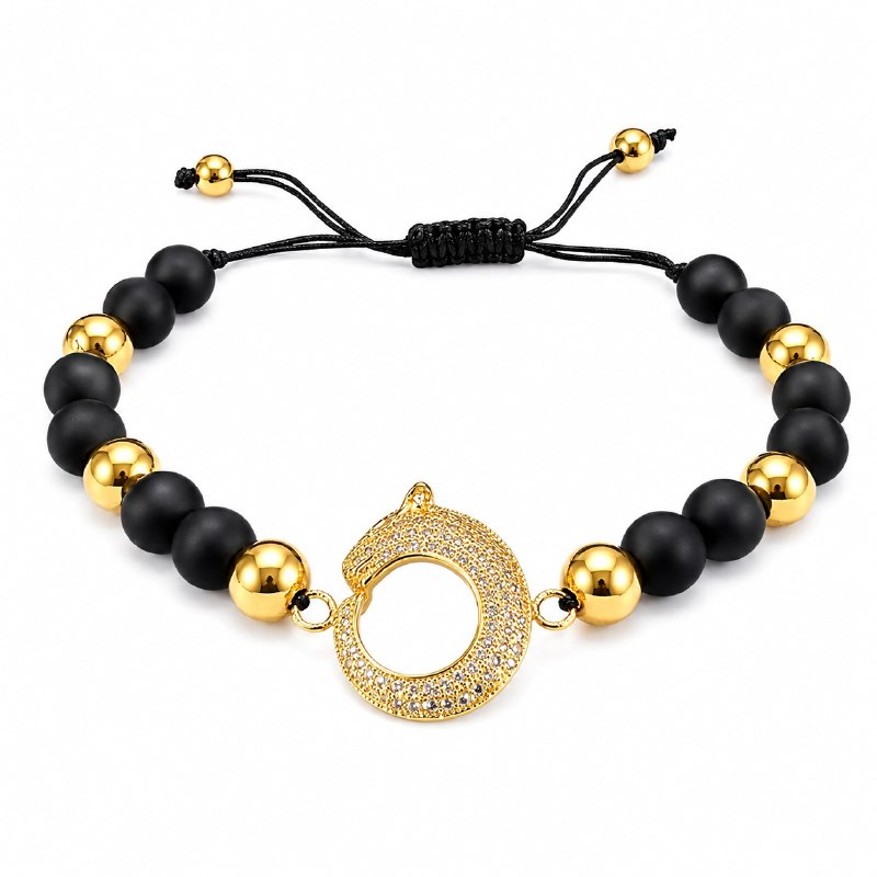 PULSERA AJUSTABLE PARA CABALLERO CON CUENTAS NEGRAS MATE Y DIJE CIRCULAR ENCHAPADO CON PAVÉ DE CIRCONES