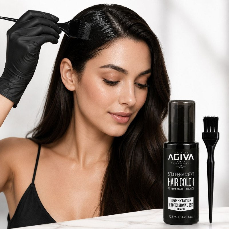 TINTE COLOR NEGRO SEMIPERMANENTE PARA CABELLO, BARBA Y BIGOTE CON BROCHA APLICADORA AGIVA 125ML