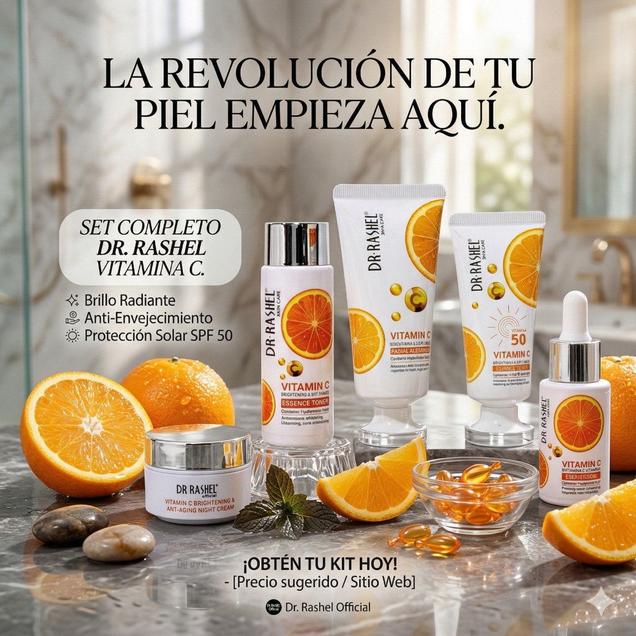SET DE CUIDADO FACIAL ILUMINADOR Y ANTIEDAD CON VITAMINA C CONCENTRADA 6PCS DR RASHEL
