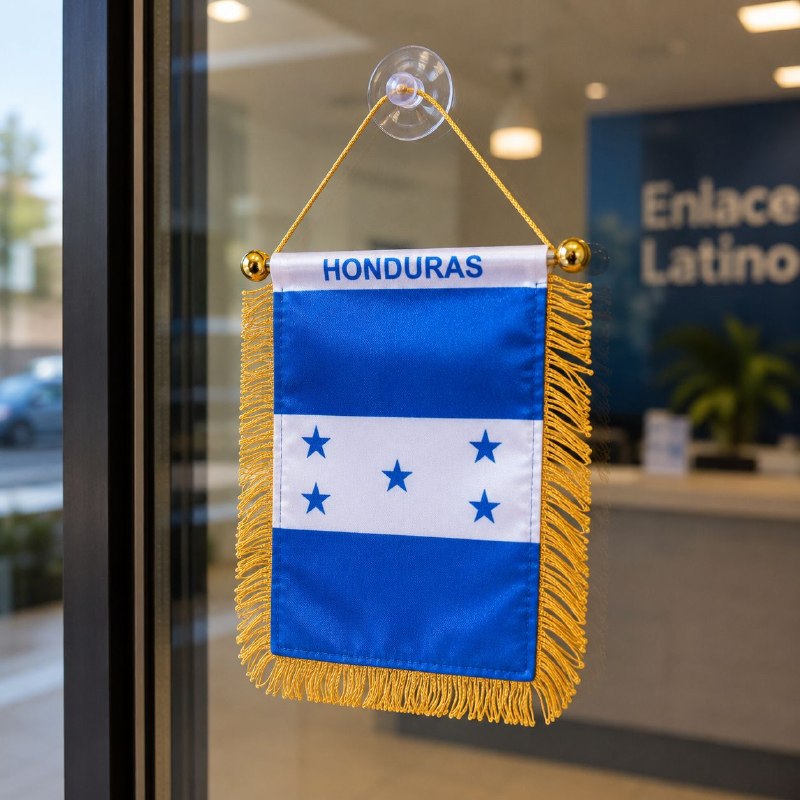 MINI BANDERA DECORATIVA DE HONDURAS CON FLECOS DORADOS CORDÓN Y VENTOSA