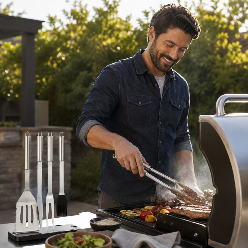 SET DE UTENSILIOS PARA BARBACOA EN ACERO INOXIDABLE CON ESTUCHE 6 PZAS