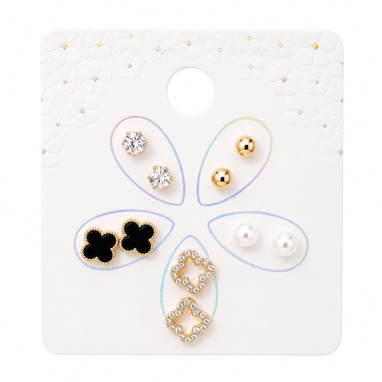 SET DE 5 PARES DE ARITOS DE ENCHAPE PARA DAMA TRÉBOLES ESMALTADOS, CIRCONES Y PERLAS