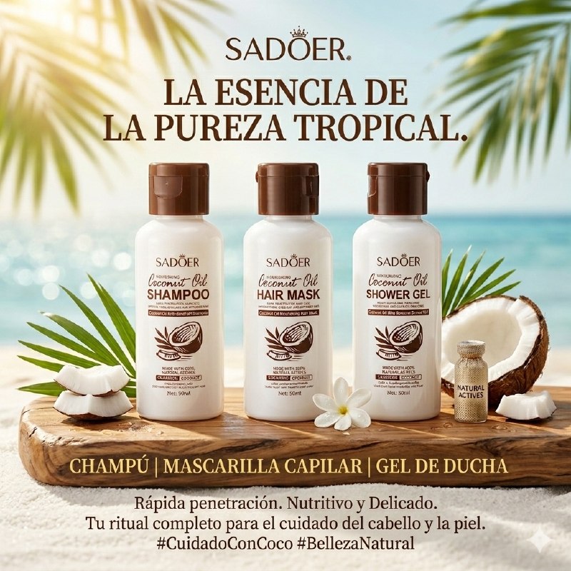 SHAMPOO PARA EL CABELLO EN SET DE 3 PIEZAS DE ACEITE DE COCO NUTRITIVO SADOER SHAMPOO 50ML, MASCARILLA CAPILAR 50ML, GEL DE DUCHA 50ML