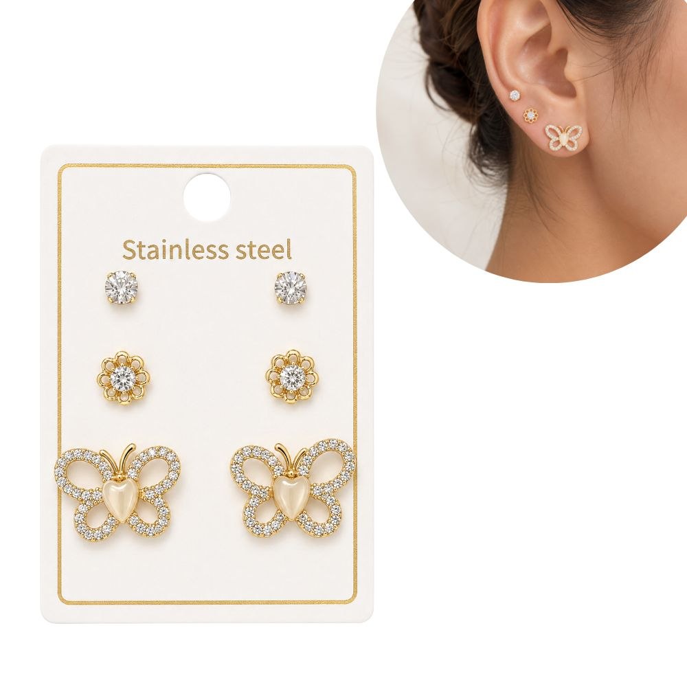 SET DE ARETES ENCHAPE PARA DAMA TRIPLE PAR CON MOTIVO MARIPOSA EN PAVÉ Y CORAZÓN NÁCAR
