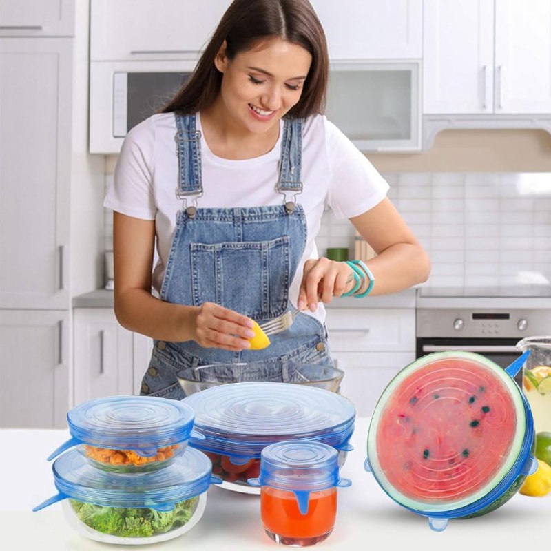 SET DE TAPADERAS DE SILICONA REUTILIZABLES AJUSTABLES PARA CONSERVACION DE ALIMENTOS 6PCS