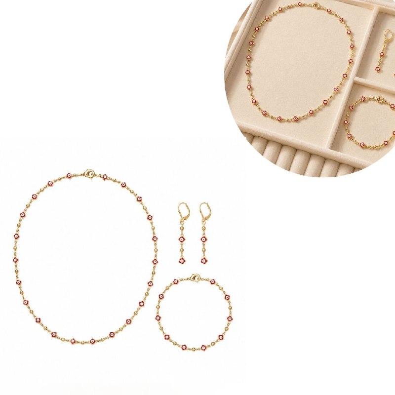 SET DE ENCHAPE PARA DAMA COLLAR, PULSERA Y ARETES MOTIVO OJO TURCO / FLOR ESMALTADA ROJA