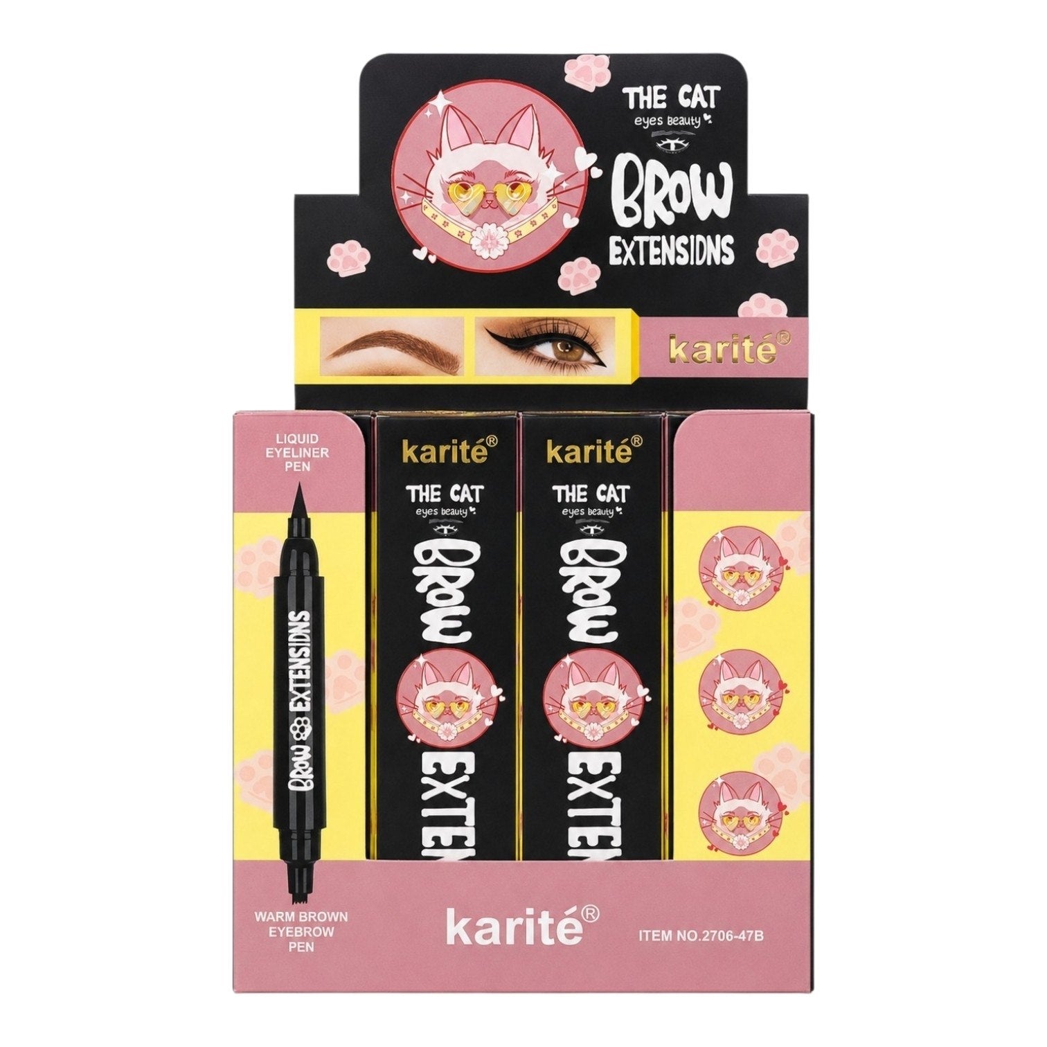 LAPIZ DE CEJAS 2 EN 1, LAPIZ DE CEJAS Y DELINEADOR DE OJOS LIQUIDO KARITE THE CAT 1ML, 2ML