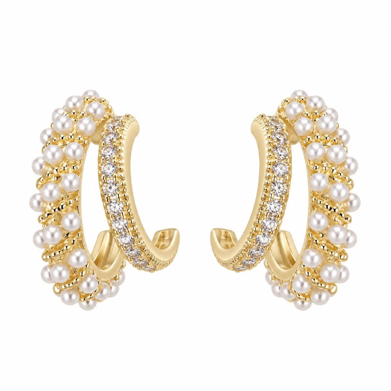 ARITOS DE ENCHAPE CON DISEÑO DE ARGOLLAS DOBLES CON PERLAS Y CIRCONES 1.8CM