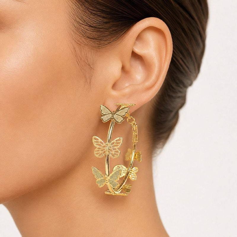 ARITOS DE ENCHAPE PARA DAMA CON DISEÑO DE MARIPOSA 7CM