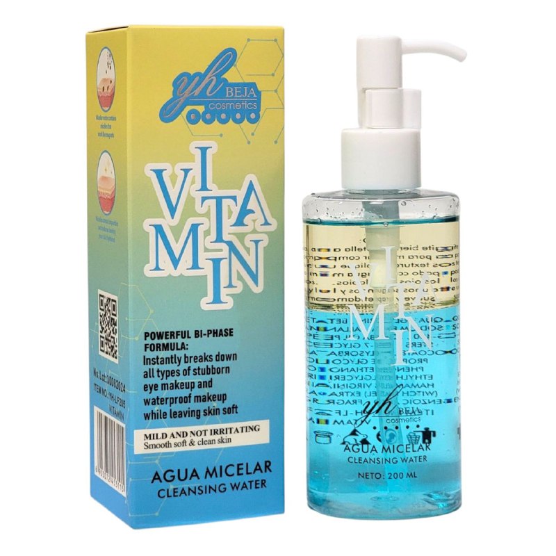 AGUA MICELAR CON VITAMINAS DE LIMPIEZA PROFUNDA 200ML, RESISTENTE AL AGUA QUE SE ADAPTA PERFECTAMENTE A LA PIEL PROTEGIENDOLA CONTRA DAÑOS EXTERNOS DEJANDOLA SUAVE Y FRESCA YH BEJA COSMETICS