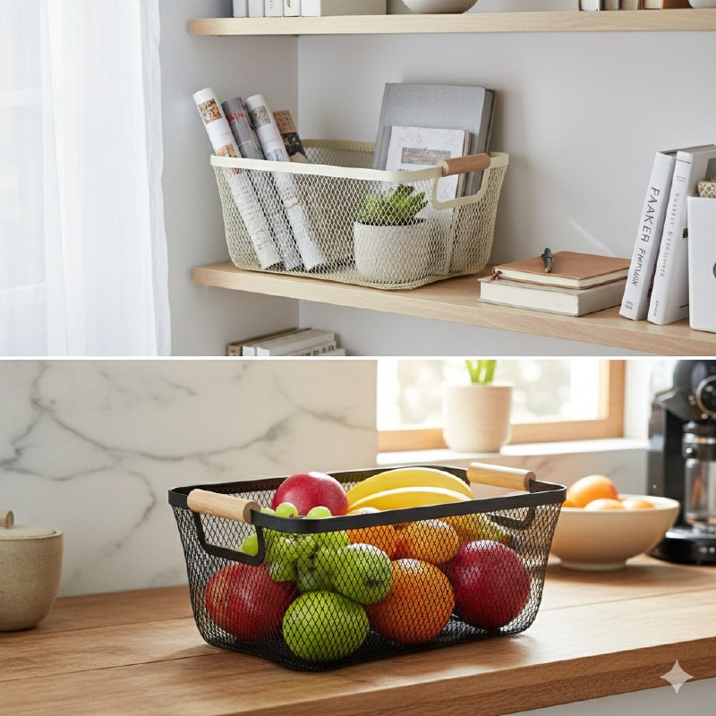 CANASTA CESTA ORGANIZADORA PORTATIL DE METAL CON ASAS DE MADERA ELEGANTE 15X20X35CM
