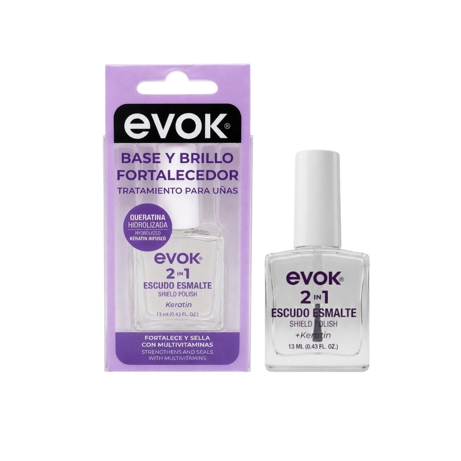 ESMALTE DE UÑAS SISTEMA INTERCONECTADO 2-EN-1 PARA PROTECCIÓN Y ADHERENCIA BASE Y BRILLO FORTALECEDOR EVOK 13 ML