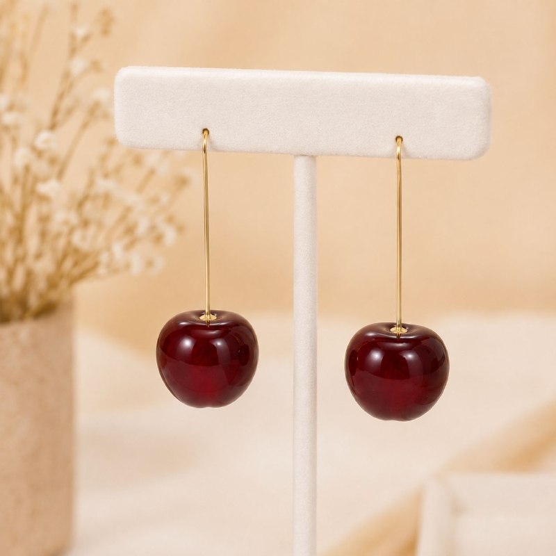 ARITOS DE ENCHAPE PARA DAMA CON DISEÑO DE CEREZAS 6CM