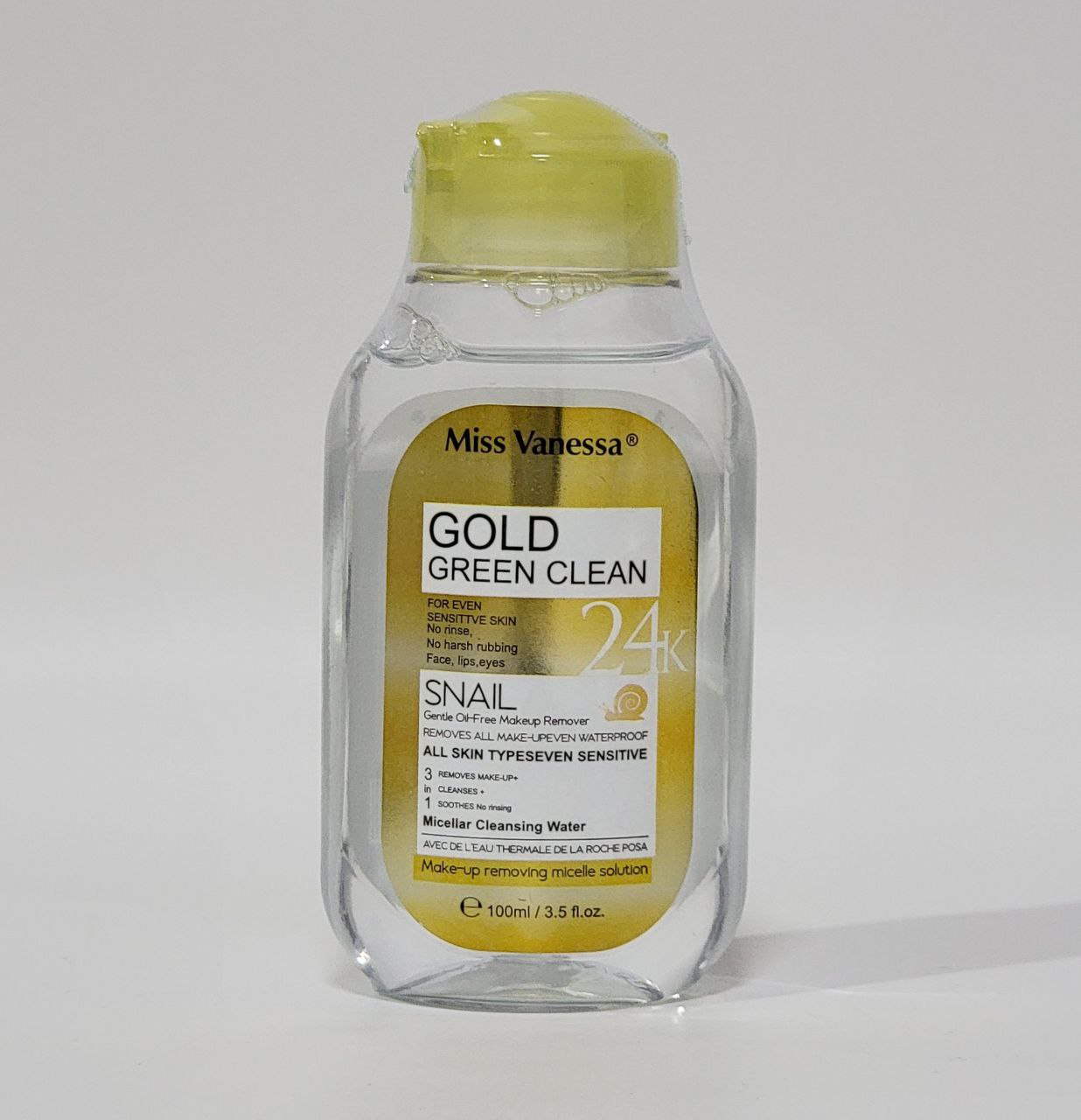 DESMAQUILLANTE 24K CARACOL SUAVE SIN ACEITE, ELIMINA EL MAQUILLAJE INCLUSO IMPERMEABLE, PARA TODO TIPO DE PIEL MISS VANESSA 100ML