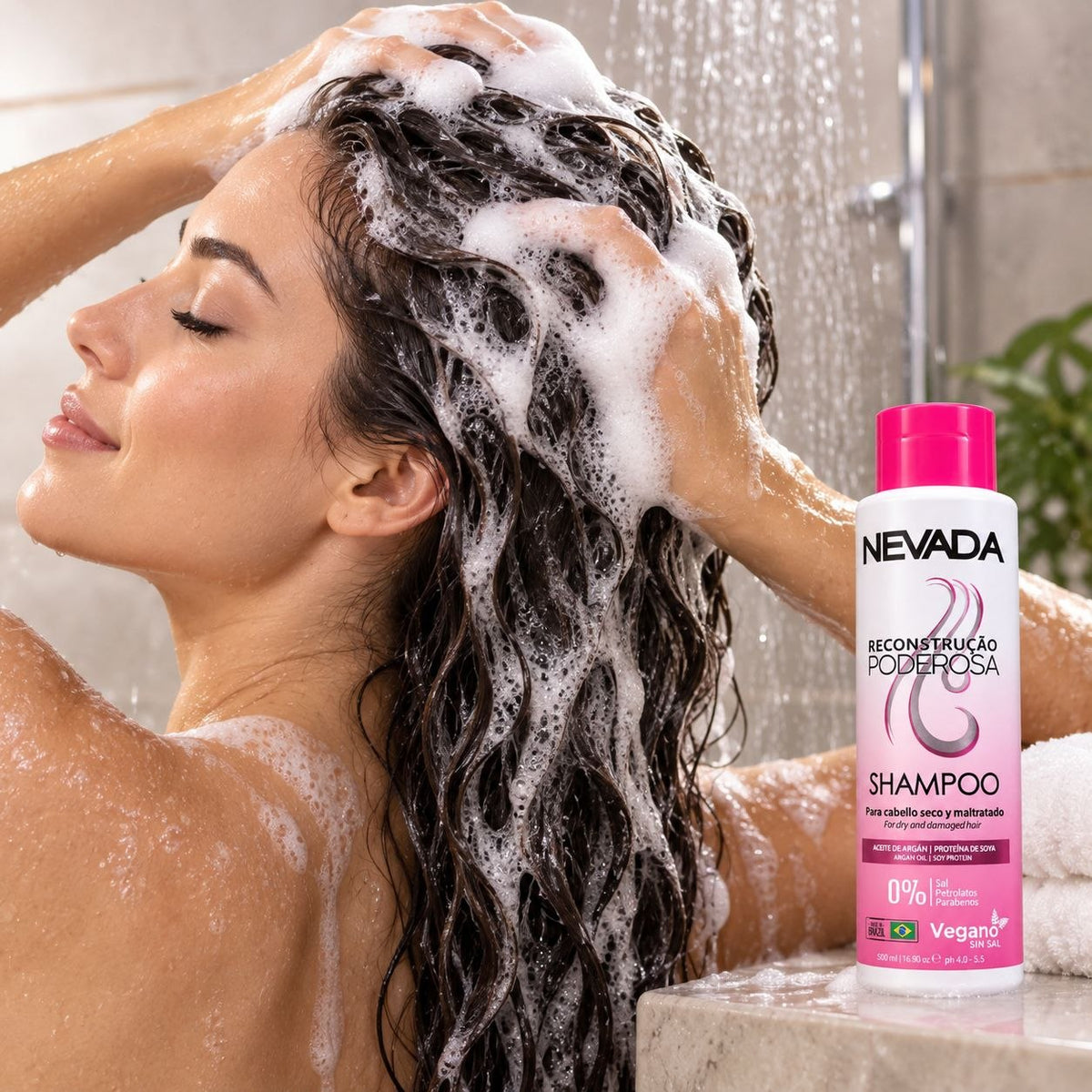 CHAMPÚ RECONSTRUCCIÓN PODEROSA ACEITE DE ARGÁN Y PROTEÍNA DE SOYA NEVADA 500ML