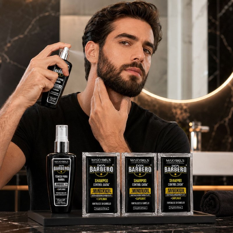SET DE 4 PIEZAS ESTIMULANTE PARA BARBA CON MINOXIDIL 5% Y CAPILMAX ESTIMULANTE, FORTALECEDOR Y ANTICAIDA MAXYBELT