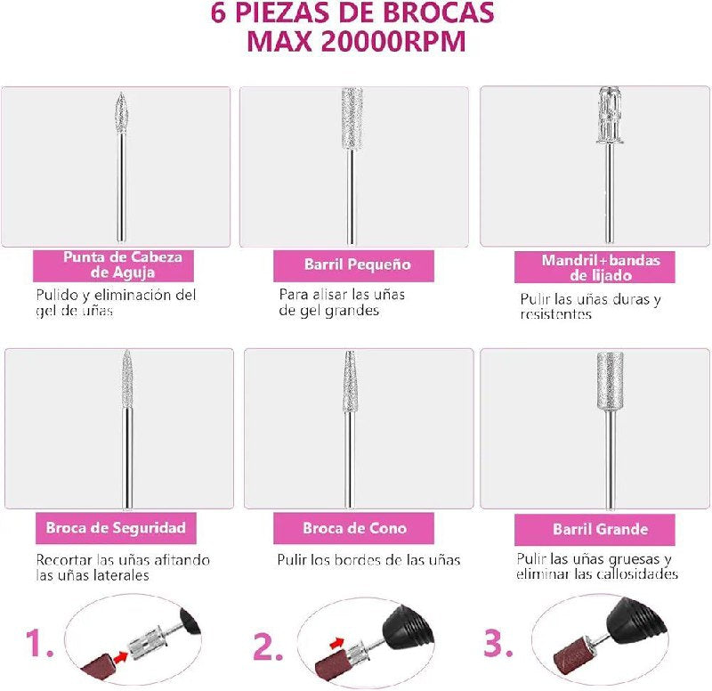 TALADRO PULIDOR DE UÑAS, DRILL ELECTRICO MERCEDES 2000 PARA PEDICURA Y MANICURA 6 BROCAS