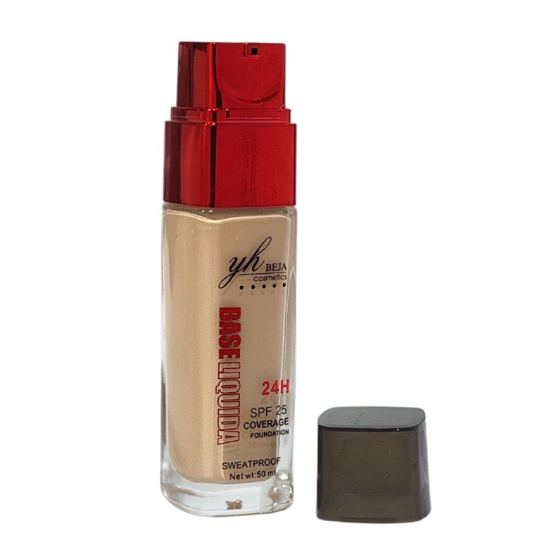 BASE LIQUIDA LARGA DURACIÓN PROTECCIÓN SOLAR SPF 25 ACABADO NATURAL Y LIGERO EN LA PIEL,BASE TRANSPIRABLE 4 TONOS YH BEJA COSMETICS 50ML