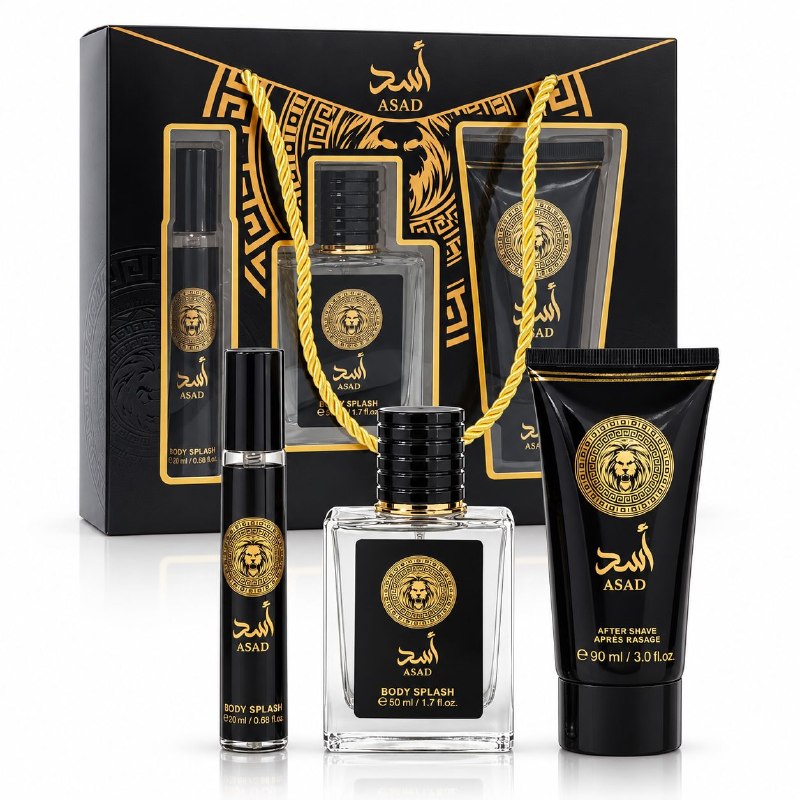 SET MYSTICAL ASAD SPLASH 20ML, SPLASH 50ML, CREMA DESPUES DE AFEITAR 90ML (H) (AROMA SIMILAR LATTAFA ASAD)