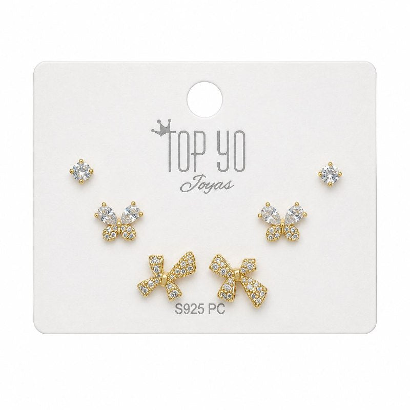 SET DE 3 PARES DE ARITOS DE ENCHAPE PARA DAMA CON DISEÑO DE MARIPOSA (DUPE DE SWAROVSKI)