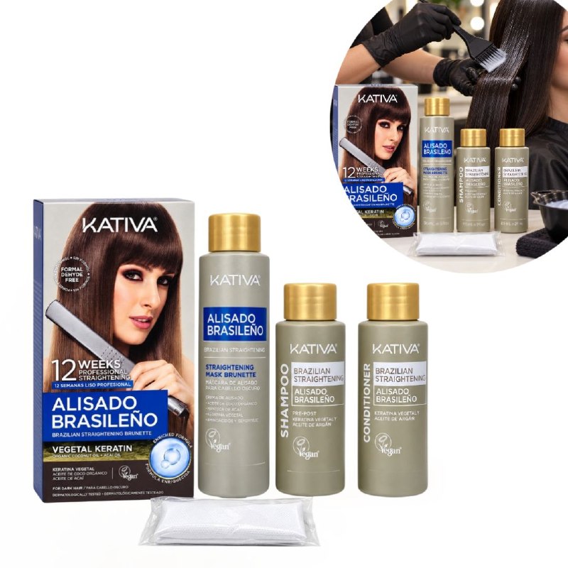 SET DE ALISADO BRASILEÑO SEMIPERMANENTE SIN FORMOL PARA CABELLOS OSCUROS O CASTAÑOS KIT KATIVA