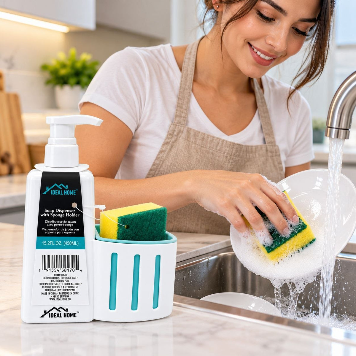 DISPENSADOR DE JABÓN CON SOPORTE PARA ESPONJA IDEAL HOME 450ML