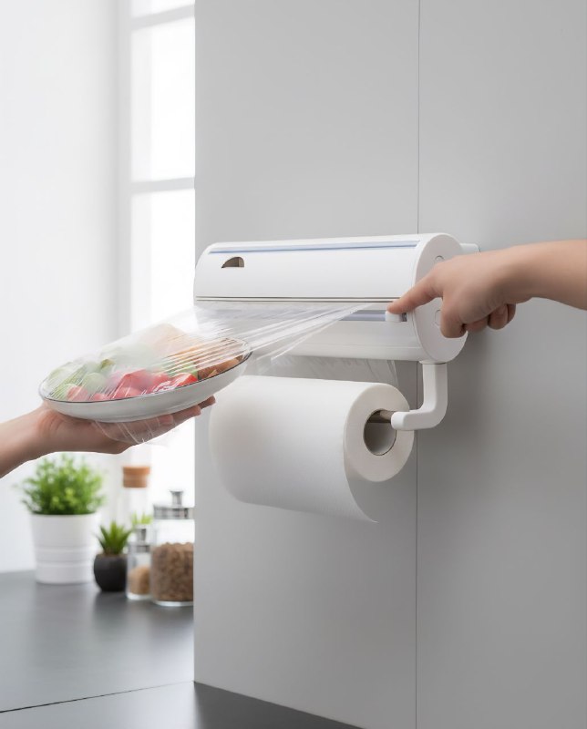 ORGANIZADOR DE COCINA PARA PAPEL TOALLA, TRANSPARENTE Y ALUMINIO 3 EN 1 CON CORTADOR INTEGRADO