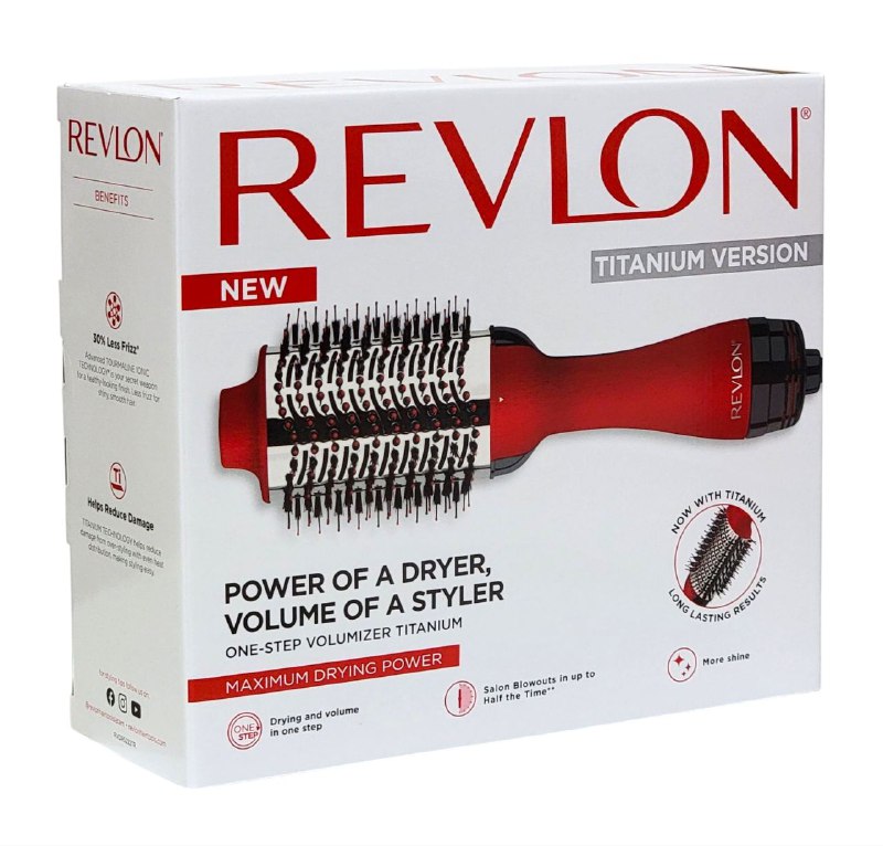 CEPILLO DE AIRE CALIENTE DE TITANIO, PODER DE UN SECADOR, VOLUMEN DE UN PEINADOR, MAXIMO PODER DE SACADO Y VOLUMEN EN UN SOLO PASO REVLON