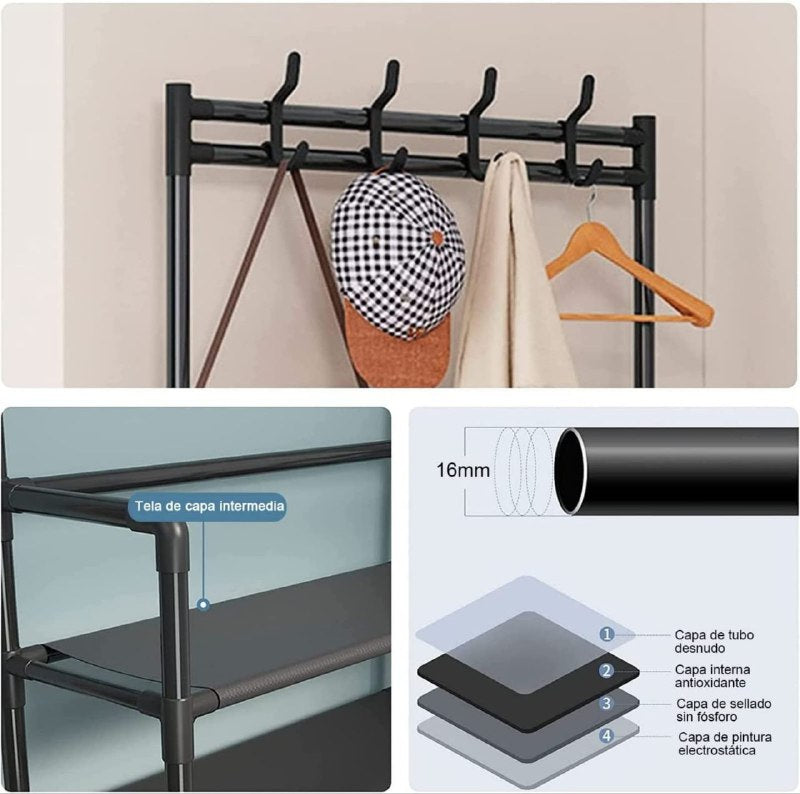ESTANTE ORGANIZADOR DE METAL DE 4 NIVELES CON 8 GANCHOS PARA COLGAR ROPA, ETC COLOR NEGRO 60CM DE ANCHO