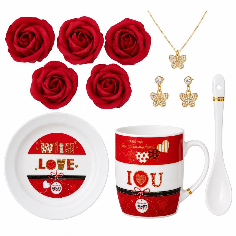SET DE REGALO DE 9 PIEZAS LOVE (TAZA, PLATO, CUCHARA, SET DE JOYERÍA Y ROSAS) 1 UND