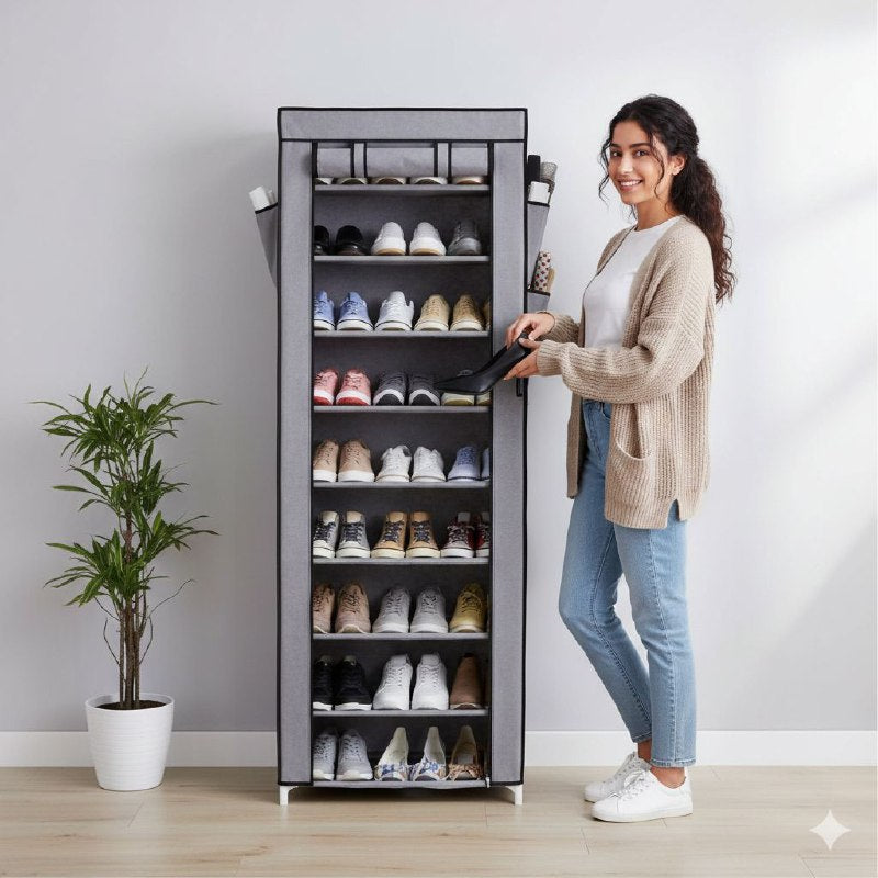 ORGANIZADOR ZAPATER0 DE ACERO DE 10 NIVELES CON CREMALLERA COMPACTA A PRUEBA DE POLVO HYM 58X30X158CM