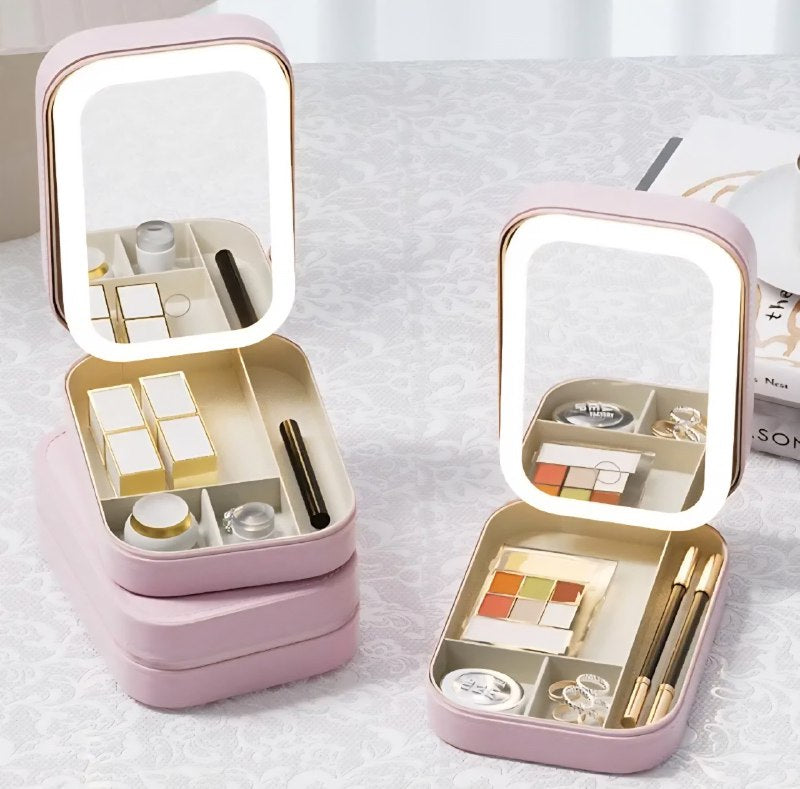 ESPEJO PARA MAQUILLAJE CON LUZ LED, DE 3 COLORES 90 GRADOS CON MALETA PARA GUARDAR COSAS TABLELAPM 12X17X21