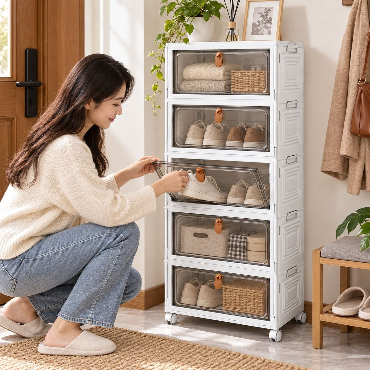 ORGANIZADOR MULTIUSOS DE 5 CAJONES CON PUERTAS TRANSPARENTES Y RUEDAS (39X28X103CM)
