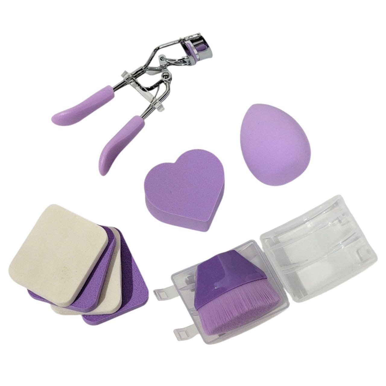 SET DE HERRAMIENTAS DE BELLEZA RIZADOR DE PESTAÑAS ESPONJAS TIPO BEAUTY BLENDER Y BORLAS YH BEJA COSMETICS