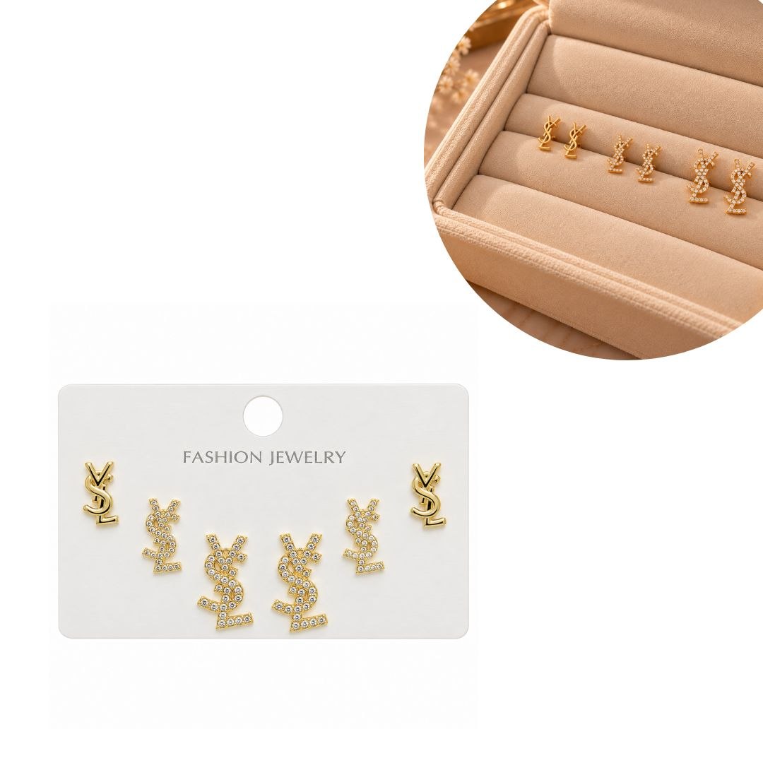 SET DE ARITOS DE ENCHAPE CON DISEÑO DE LETRAS Y CIRCONES 0.9CM, 1.2CM Y 1.4CM