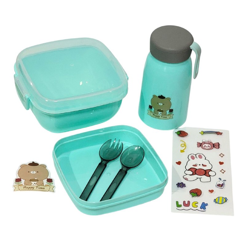 LONCHERA EN KIT CON CUBIERTOS, BOTE Y STICKERS VARIOS ESTILOS