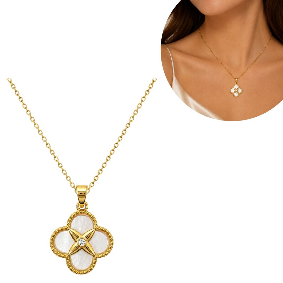 GARGANTILLA ENCHAPADA COLOR ORO PARA DAMA CON DIJE DE TRÉBOL EN NÁCAR