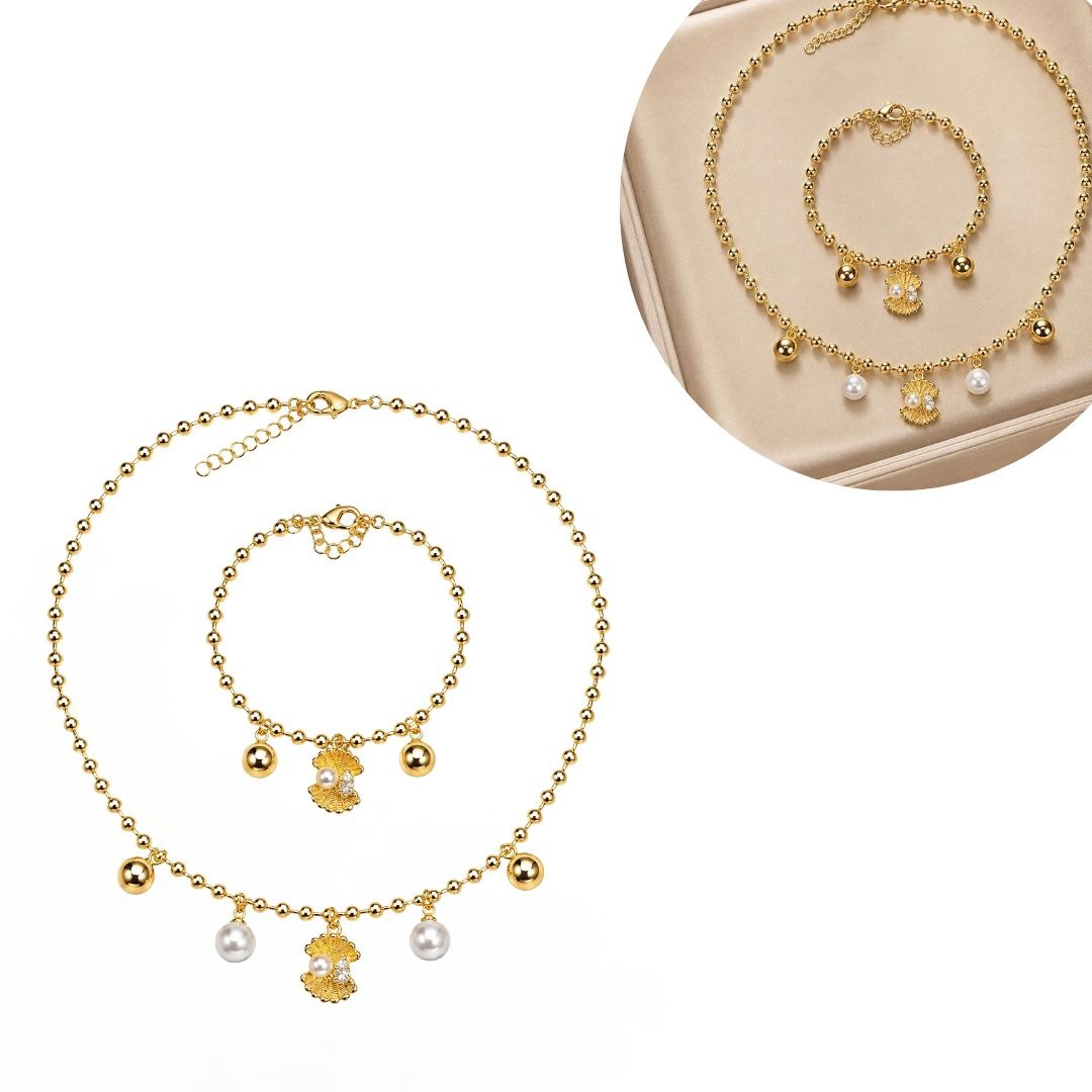 SET DE ENCHAPE PARA DAMA COLLAR Y PULSERA MARINA CON BALINES, PERLAS Y CONCHA MARINA