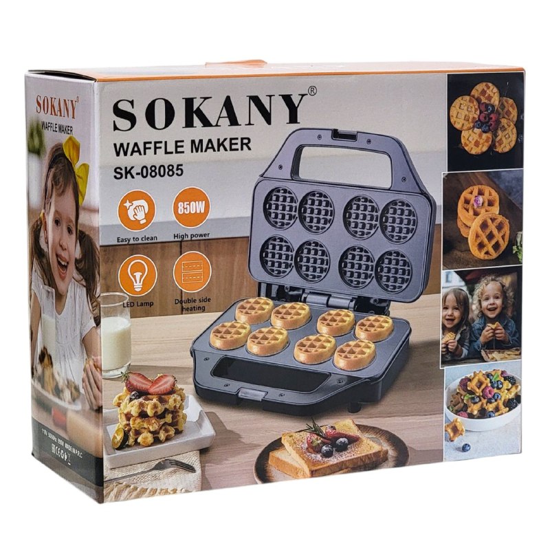 MAQUINA WAFFLERA SK-08085, LUZ INDICADORA POTENCIA Y LISTA, CONTROL AUTOMATICO DE TEMPERATURA, RECUBRIMIENTO ANTIADHERENTE, 800W FUERZA SOKANY