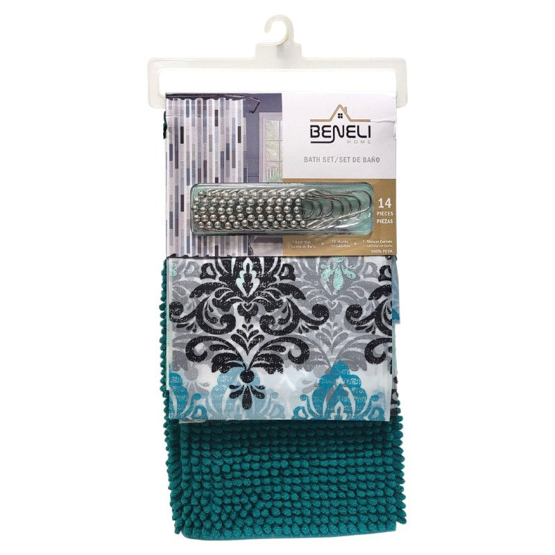 CORTINA DE DUCHA EN SET DE 2 PIEZAS TAPETE 40X60CM, CORTINA Y GANCHOS 180X180CM BENELI HOME