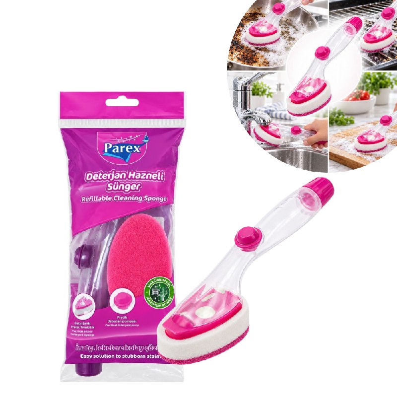 CEPILLO Y ESPONJA LIMPIADORA CON DEPOSITO DE DETERGENTE MULTIUSOS PAREX 31CM
