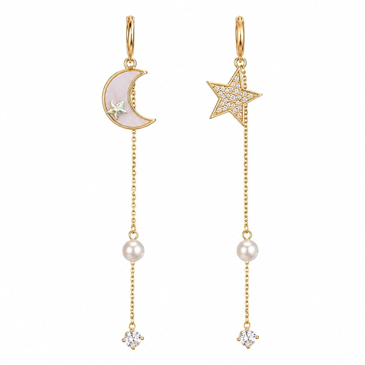 ARETES DE ENCHAPE PARA DAMA ASIMÉTRICOS LUNA Y ESTRELLA COLGANTES CON PERLA Y CIRCONES