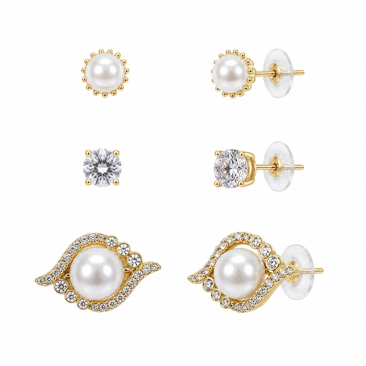 SET DE ARETES ENCHAPE PARA DAMA TRIPLE PAR CON MOTIVO OJO TURCO / ALMENDRA EN PAVÉ Y PERLAS